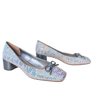 Franco Sarto Natalia Square Toe Block Heel Pumps Bow Light Blue Sparkle Size 7